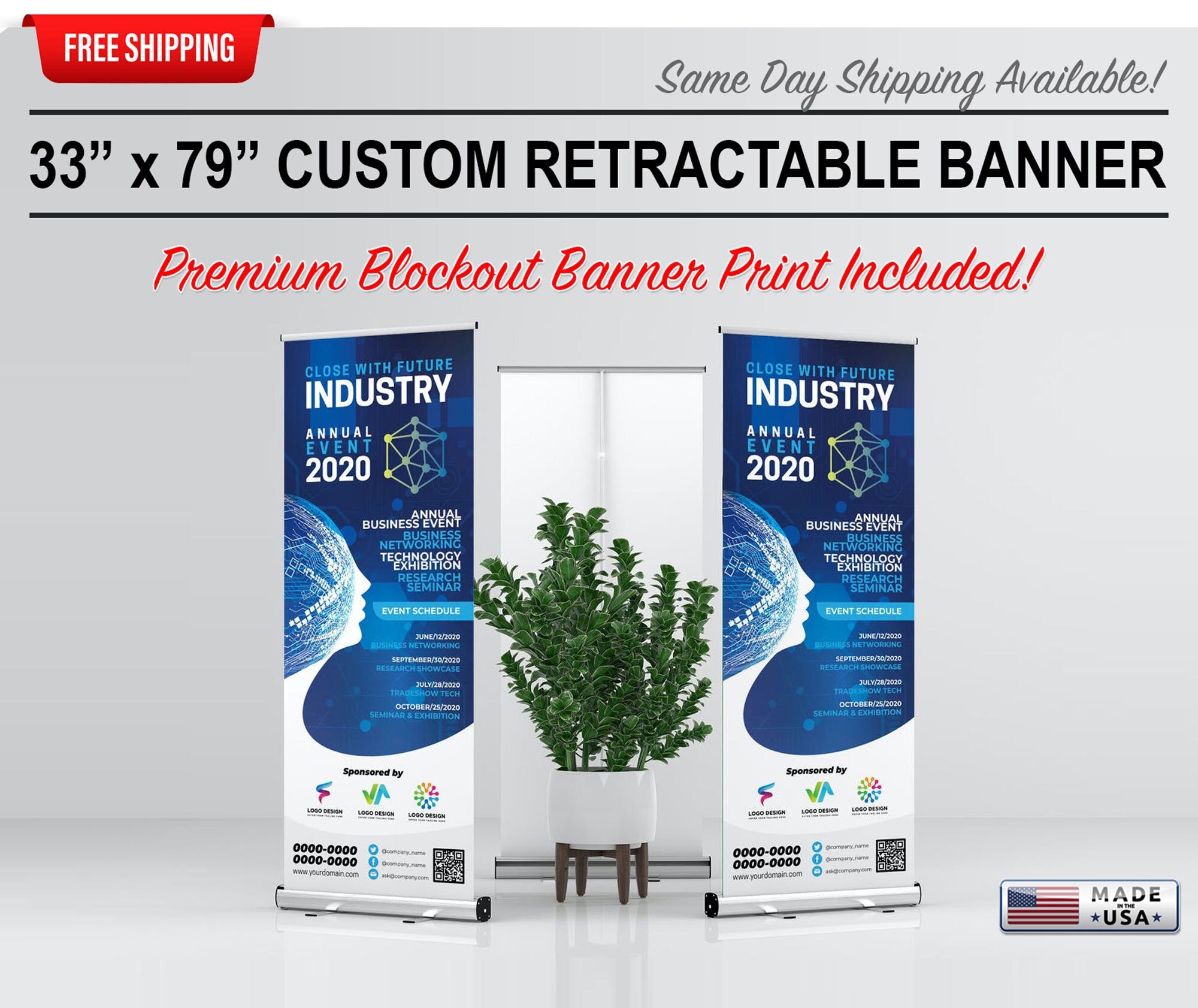 33" x 79" Roll Up Retractable Banner Stand with 100% Full Color Print - BLOCK OUT banner