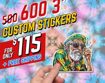 May include: A hand holding a custom sticker featuring an illustration of an elderly man with sunglasses and a cigar. The sticker is 3 inches. The background is a tie-dye pattern. The text on the image says "CUSTOM STICKERS".