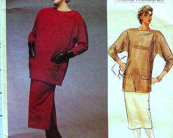 Vogue American Designer Bill Blass 1484 Sewing Pattern Top Tunic Straight Skirt Pocket Buttons Classic Style Size 10 Bust 32 Vintage UNCUT
