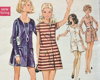 Butterick 5528 Sewing Pattern Dress Mini Mod Sixties Button Front Patch Pockets Sleeves Scoop Round Neckline Vintage Size 8 Bust 31.5 UNCUT