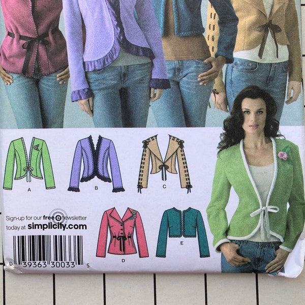 Simplicity 4029 Sewing Pattern Unlined Jacket Crop Bolero Ties Princess Seams Darts Ruffle Shawl Collar Sizes 6 8 10 12 14 UNCUT