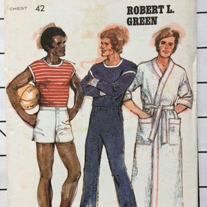 May include: A vintage sewing pattern for men's clothing. The pattern is for a striped shirt, a blue jumpsuit, and a white robe. The pattern number is 4709 and the price is $1.50. The designer is Robert L. Green.