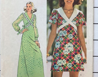 Simplicity 5430 Sewing Pattern Dress Mod Mini Long V-neckline Collar Cuffs Flared Back Zipper 70s Sleeves Bow Vintage Size 8 Bust 31 UNCUT