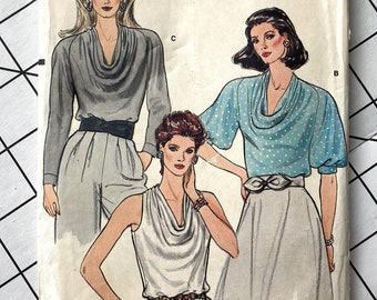 Vogue 8719 Sewing Pattern Blouse Top Shirt Bias Front Cowl Neck Pullover Scoop Neckline Cuff Sleeveless Zipper Size 8 10 12 Bust 31 32 34