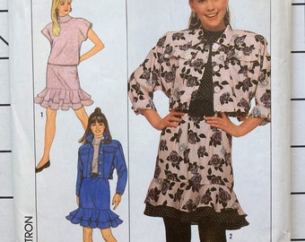 Simplicity 9251 Sewing Pattern Skirt Ruffle Pullover Funnel Neck Top Jean Jacket Cowboy Country Yokes Size 4 6 8 10 Bust 29 30 31 32 UNCUT
