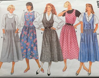 Butterick 3961 Sewing Pattern Dress Jumper Sleeveless Pockets Drop Waist Dirndl Neckline Variations Easy Size 6 8 10 Bust 30 31 32 UNCUT