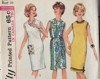 Simplicity 5362 Sewing Pattern Dress Slim Straight Mod 60's Sixties Zipper Collarless 60s Sleeveless Side Slit Vintage Size 14 Bust 34 UNCUT
