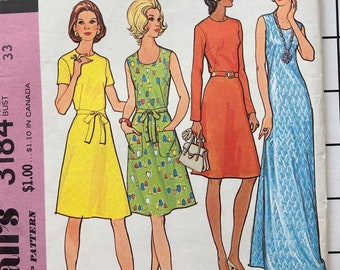 Mccall's 3184 Sewing Pattern Dress A-line Sleeves Sleeveless Tie Belt Back Zipper Pockets Knit Easy Vintage Classic Size 10.5 Bust 33 UNCUT