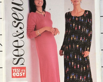 Butterick 3628 Sewing Pattern Easy Long Dress Pullover A-line Sleeves Semi-fitted Neckline Slit Empire Waist Bust 31.5 32.5 34 UNCUT
