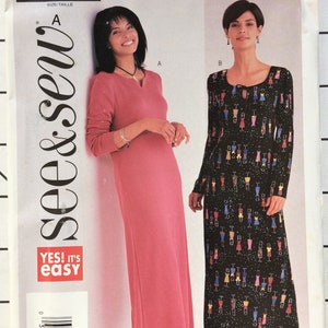 Butterick 3628 Sewing Pattern Easy Long Dress Pullover A-line Sleeves Semi-fitted Neckline Slit Empire Waist Bust 31.5 32.5 34 UNCUT