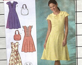 Simplicity 4116 Sewing Pattern Sun Dress Sundress Cap Sleeves Slit Neckline Handbag Hand Bag Purse Summer Sleeveless Size 6 8 10 12 14 UNCUT