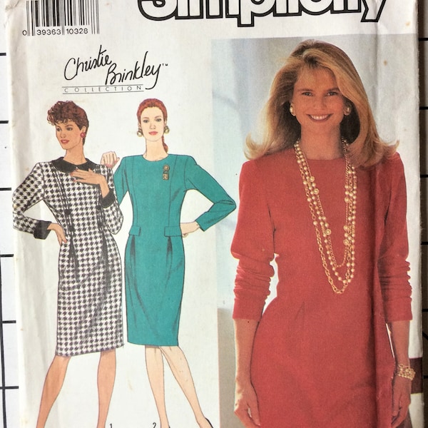 Simplicity 9851 Sewing Pattern Christie Brinkley Dress Jewel Neckline Long Sleeves Back Zipper Cuffs Size 8 10 12 14 Bust 31 32 34 36 UNCUT