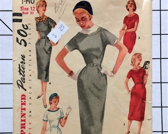 Simplicity 1410 Sewing Pattern Dress Slim Straight Detachable Neck Sleeve Trim Yoke Pockets 50s Fifties Zipper Vintage Size 12 Bust 39 UNCUT