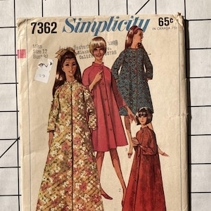 May include: Vintage Simplicity sewing pattern 7362. The pattern features illustrations of long coats in various colors and patterns. The text includes "Miss Size 12 Bust 32" and "Simple-to-Sew". The price is 65¢, and 75¢ in Canada.