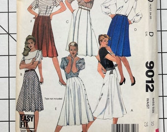 McCall's 9012 Sewing Pattern Skirt Flare Pleats Pleated Bias Cut Gored Buttons Zipper Pockets Business Work Classic Waist 25 Sizes 10 UNCUT