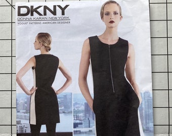 Vogue 1313 V1313 Sewing Pattern DKNY Donna Karan Dress Exposed Front Zipper Slim Fitted Side Panels Sleeveless Easy Size 4 6 8 10 12 UNCUT