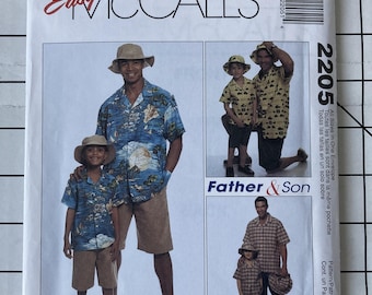 McCall's 2205 Sewing Pattern Father Son Men Boy Child Shirt Shorts Bucket Fisherman Hat Cap Pockets Summer Vacation Easy All Sizes UNCUT