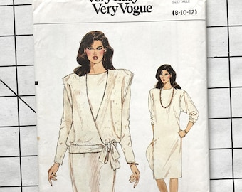 Very Easy Vogue 9036 Sewing Pattern Long Dress Pullover Sleeves Round Neckline Wrap Top Cap Sleeves Shoulder Pads Bust 31.5 32.5 34 UNCUT