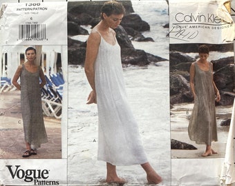 Vogue 1366 Sewing Pattern Calvin Klein Dress Pullover Lined Flared Summer Beach Evening Scoop Neckline Tucks Sleeveless Size 6