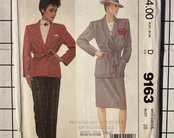 McCalls 9163 Sewing Pattern Separates Jacket Blazer Shawl Collar Pants Skirt Elastic Waistband Classic Work Business Size 16 Bust 38 UNCUT
