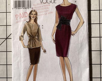 Vogue 8278 Sewing Pattern Pullover Pull Over Top Dress Slit Front Neckline Skirt Sash Sleeveless Sleeves Very Easy Bust 36 38 40 42 UNCUT