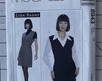 McCall's 8943 Sewing Pattern Wrap Buttons Dress Jumper Sleeveless Princess Seams Shirt Blouse Work Business Classic Size 10 Bust 32.5 UNCUT