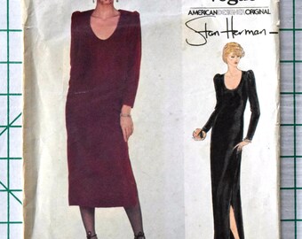 Vogue 2059 Sewing Pattern American Designer Original Stan Herman Dress Gown Evening Cocktail Slit Sleeves Rare Vintage Size 10 Bust 32 UNCUT