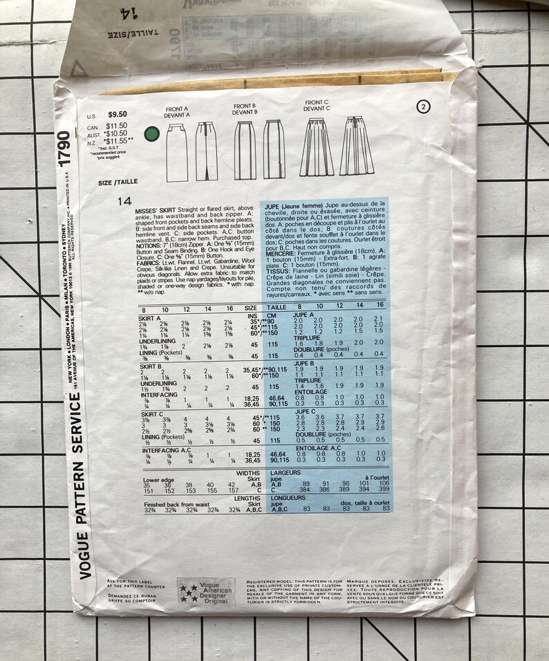 May include: A sewing pattern for a skirt with three different styles. The pattern includes instructions for a straight skirt, a flared skirt, and a skirt with side pockets. The pattern is for sizes 8-20.