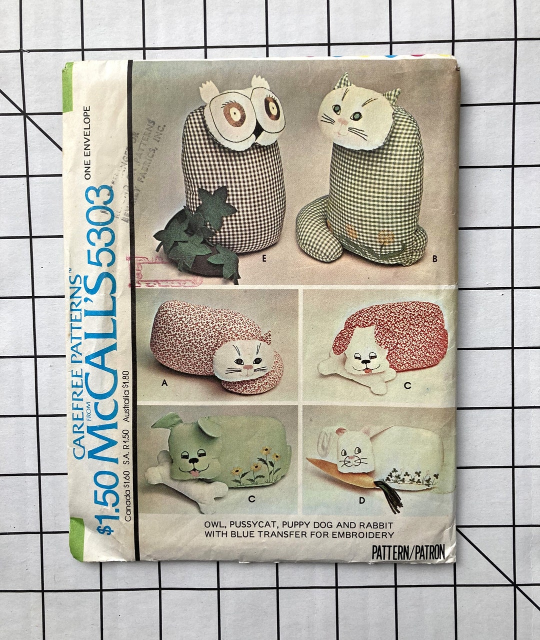 Mccall's 5303 Sewing Pattern Stuffed Animals Toys Owl Pussycat Cat ...