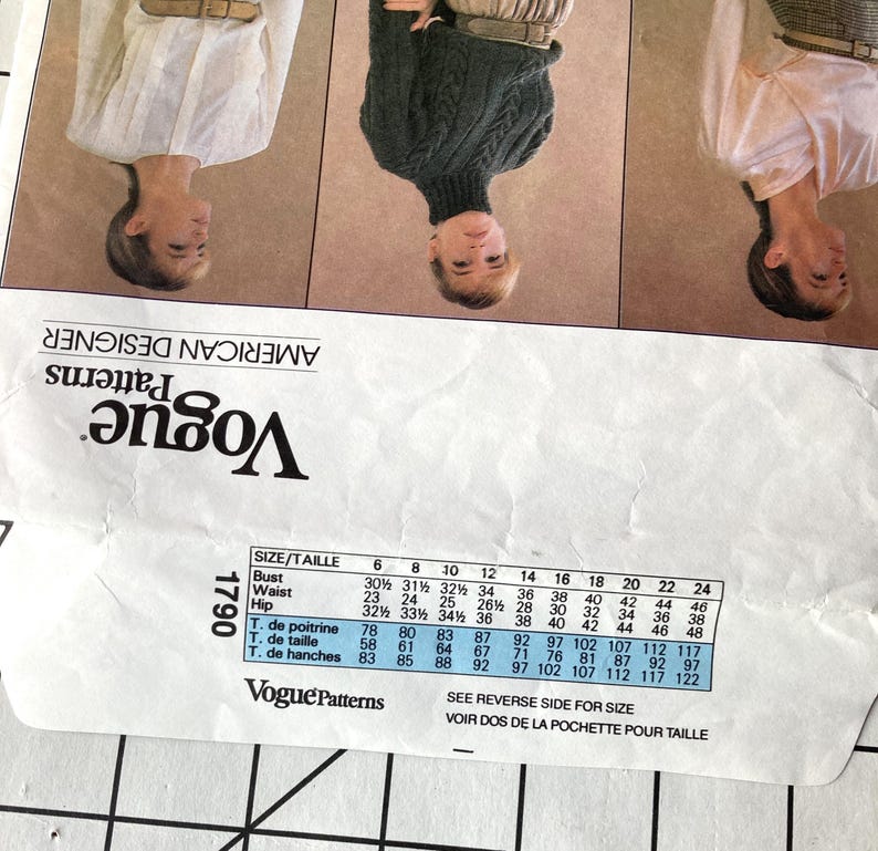 May include: A sewing pattern guide for a turtleneck sweater and a blouse. The pattern guide includes size charts in inches for bust, waist, hip, chest, waist, and hips. The pattern number is 1790.