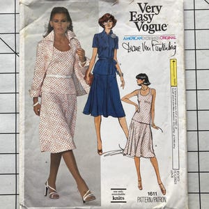 May include: Vintage Very Easy Vogue pattern featuring three women's fashion designs. The cover shows illustrations of a suit, a dress, and a skirt and top set. The pattern is labeled "American Designer Original" and includes the designer's signature.