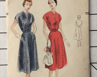 Vogue 7337 Sewing Pattern Dress Scallop Panel Button Front Collarless Pockets Sleeves 1950's Fifties Rare Vintage OOP Size 14 Bust 32 UNCUT