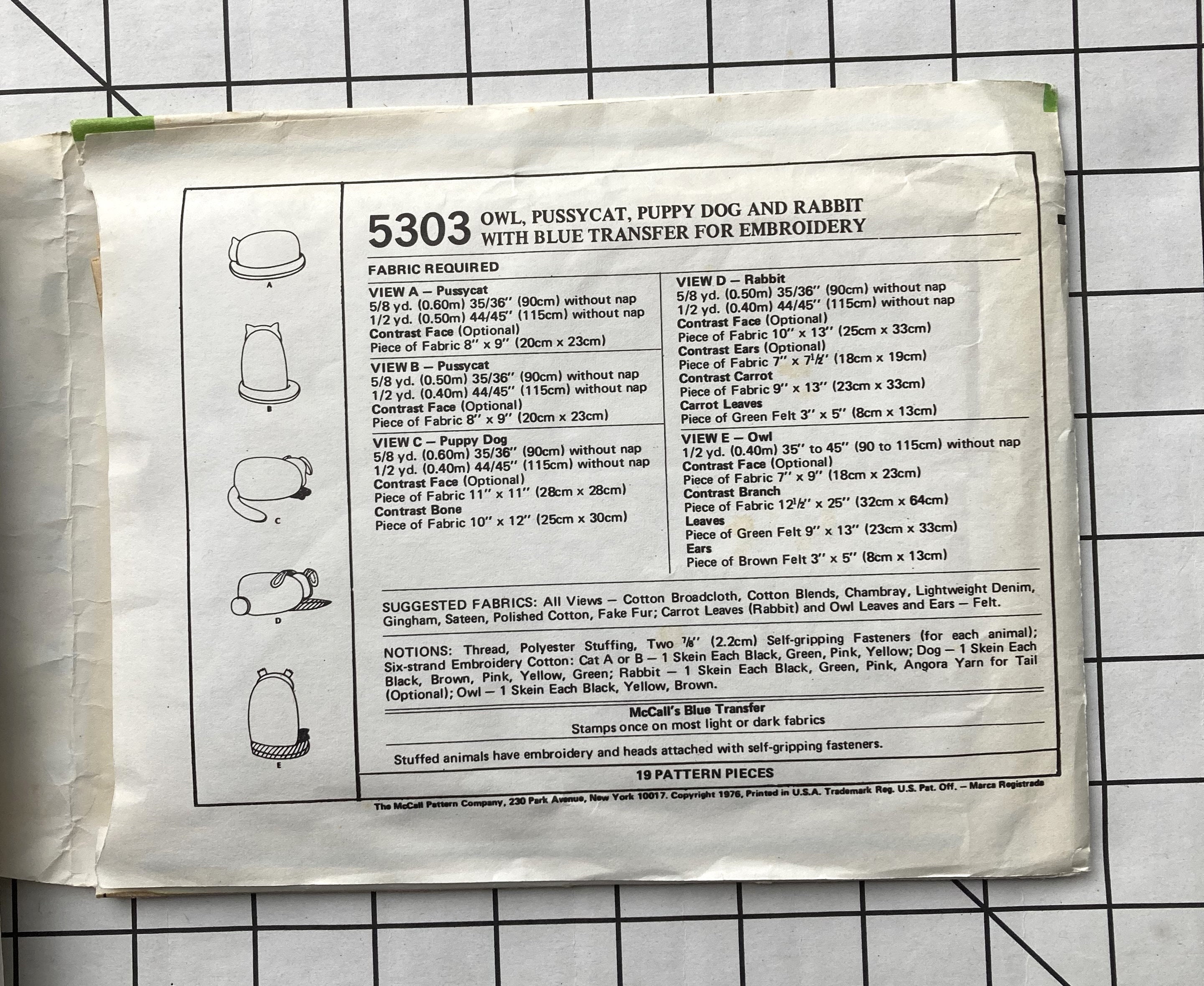 Simplicity Pattern 5303 Mccall's 5303 Sewing Pattern Stuffed Animals Toys Owl Pussycat Cat ...