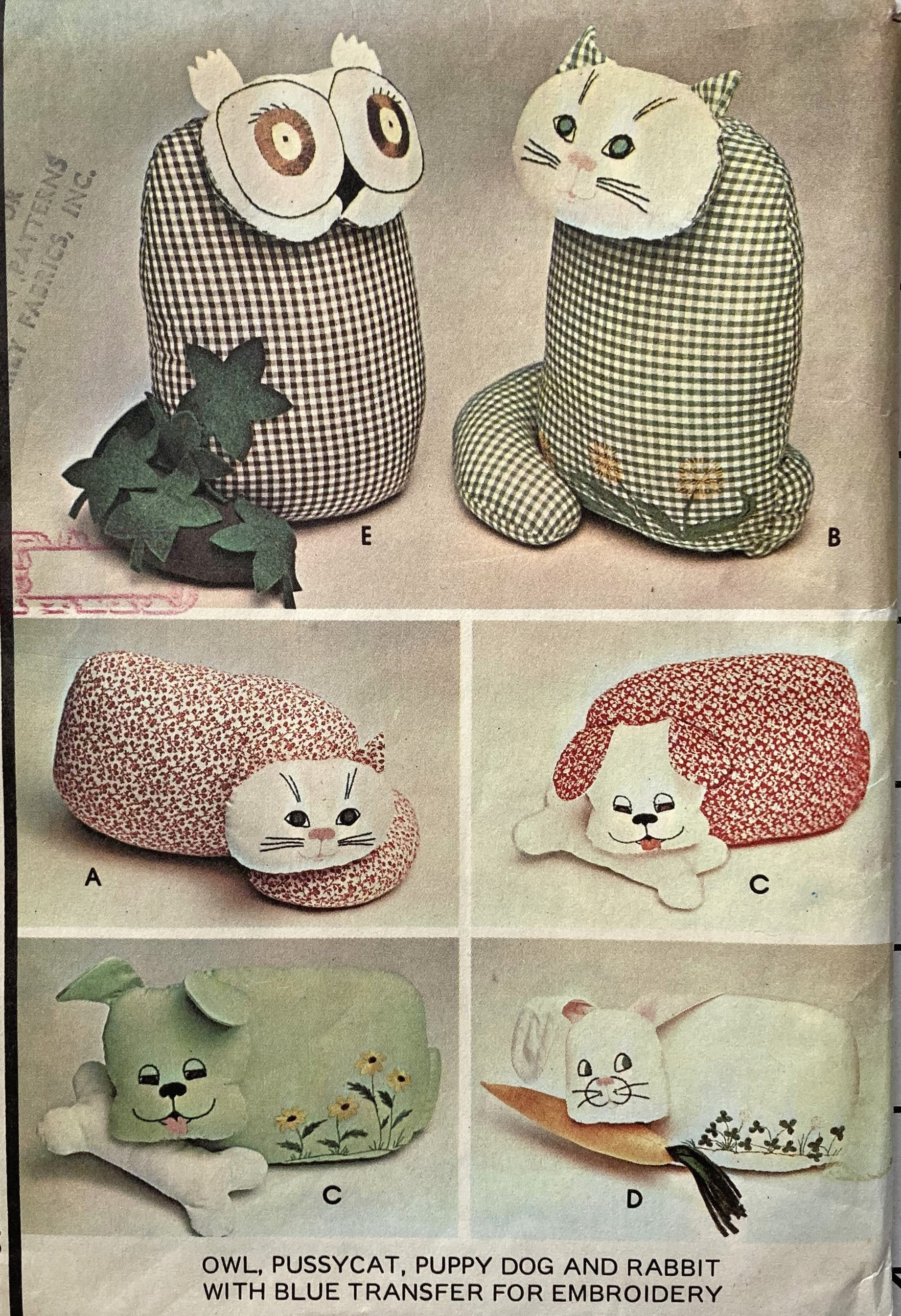 Mccall's 5303 Sewing Pattern Stuffed Animals Toys Owl Pussycat Cat ...