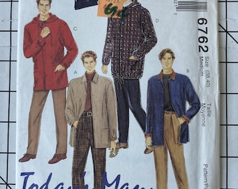 McCall's 6762 Sewing Pattern Mens Unlined Jacket Coat Hood Pants Slacks Trousers Pockets Chest 38 40 UNCUT
