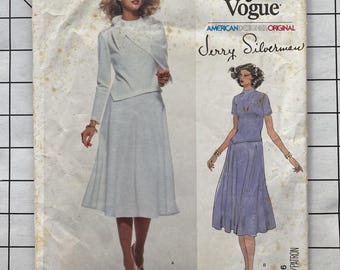 Very Easy Vogue 1816 Sewing Pattern Dress Scarf Asymmetrical Sleeves Back Zipper Fitted Flared Vintage Jerry Silverman Size 10 Bust 32.5 CUT