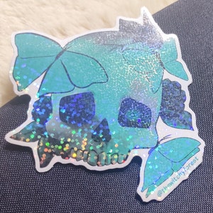 DEATHLY ATTRACTION Holographic glossy sticker skull butterfly green sticker, death, cute, witch image 1