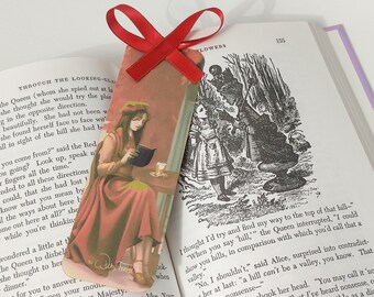 Sweet Treats ribbon Bookmark with gold touches | double sided semi gloss bookmark of a girl drinking coffee and reading a book