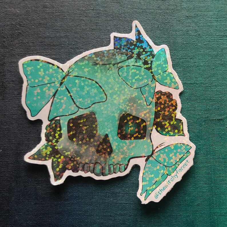 DEATHLY ATTRACTION Holographic glossy sticker skull butterfly green sticker, death, cute, witch image 4