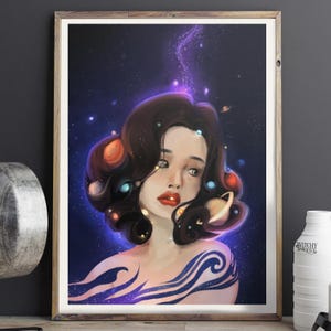 Stampa artistica di ragazza in espansione nello spazio: ritratto surreale