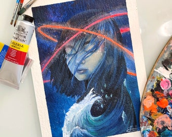 AstroTide | Surreal Original Acrylic Painting, Blue Sea Portrait Artwork, Galaxy Illustration, Fantasy Wave Wall Art