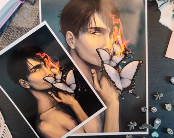 Sabotage | Original Digital art print portrait of a man with cigarette and burning butterflies