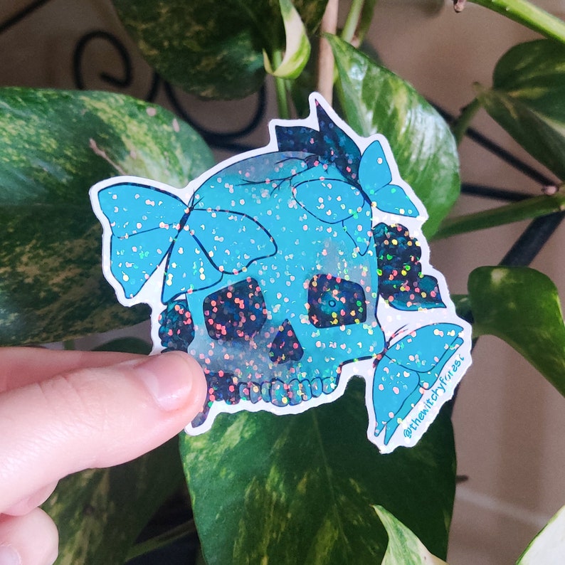 DEATHLY ATTRACTION Holographic glossy sticker skull butterfly green sticker, death, cute, witch image 2