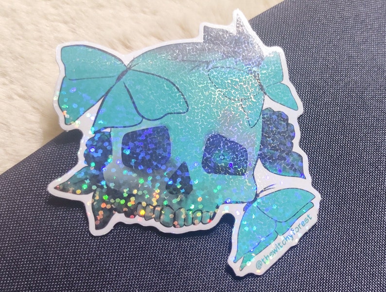 DEATHLY ATTRACTION Holographic glossy sticker skull butterfly green sticker, death, cute, witch image 1