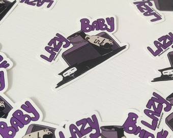 LAZY BABY semi gloss WATERPROOF sticker | skull kitty cat sleeping near an ink bottle