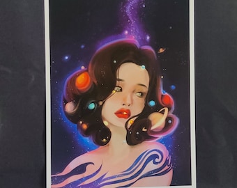 Expanding | Original Digital art print portrait of a girl in space surrounded by planets and stars