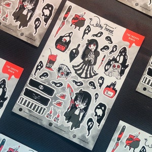 The Creepy Bunch | horror semi-gloss sticker sheets of a girl with knife, haunting ghosts, eyeballs and poison bottles