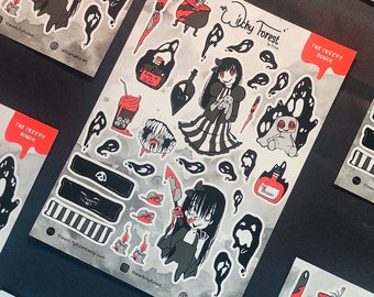 The Creepy Bunch | horror semi-gloss sticker sheets of a girl with knife, haunting ghosts, eyeballs and poison bottles