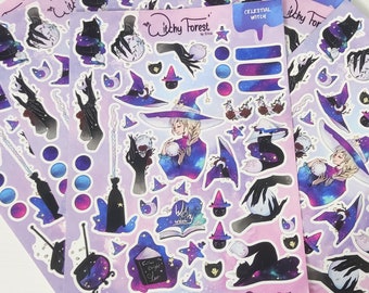 Celestial Witch Sticker Sheets WATERPROOF  | moon and stars with witchy spell casting stickers and her cat