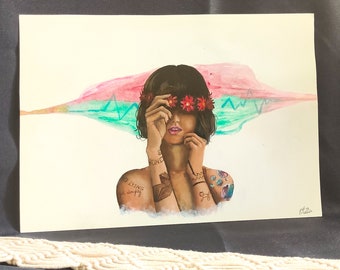 Blinded | Original watercolour and acrylic painting of a girl hiding her insecurities